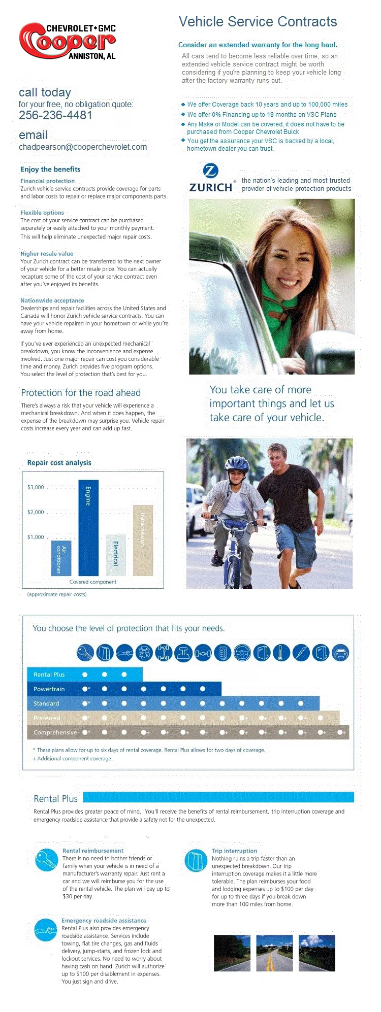 A flyer for Cooper Chevrolet-GMC advertising vehicle service contracts, including contact information and coverage details.