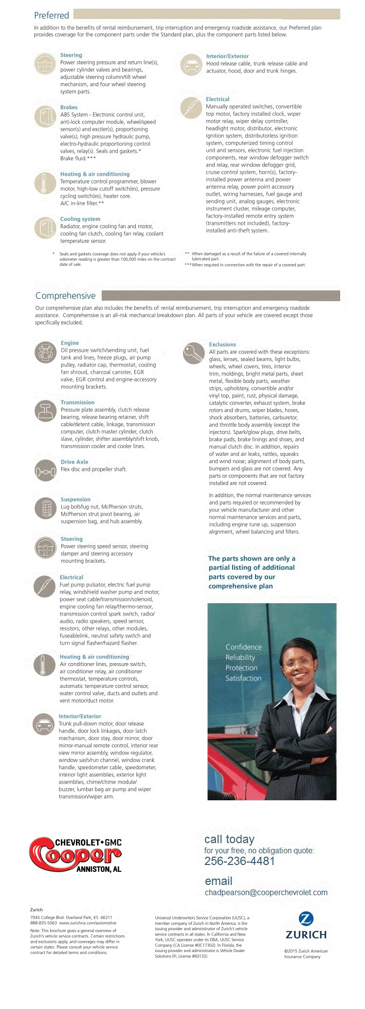 Promotional flier for Cooper Chevrolet of Anniston, AL, for vehicle service contracts from Zurich Insurance.